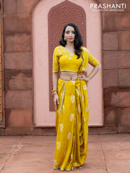 Banarasi silk saree lime yellow with floral zari woven buttas and beaded work border