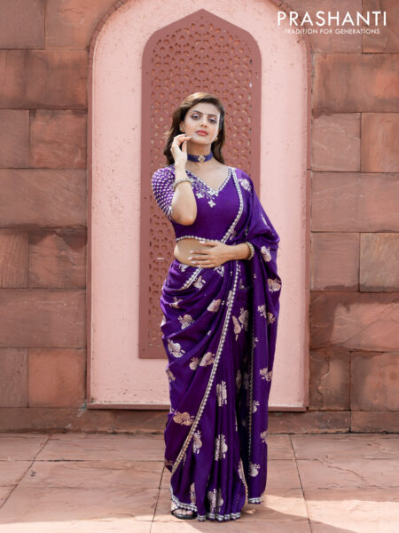 Banarasi silk saree violet with floral zari woven buttas and beaded work border