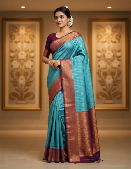 Turquoise Blue Semi Silk Saree with Rich Purple Zari Border