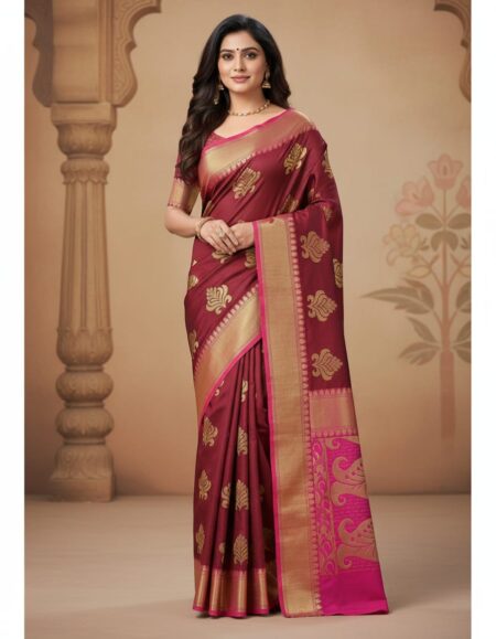 Maroon Silk Cotton Saree with Pink Pallu & Blouse