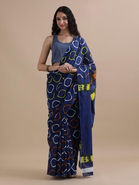 Navy Blue Soft Mul Cotton Printed Saree