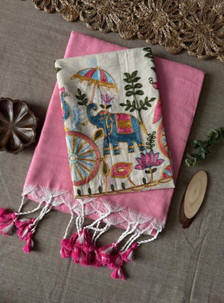 Rose Pink Plain Cotton Saree with Embroidered Blouse