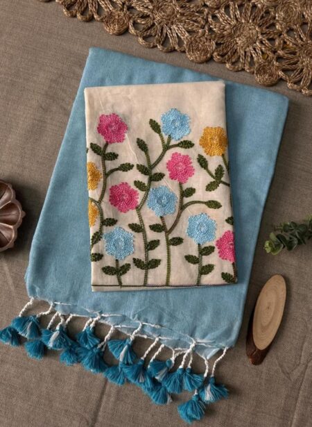 Sky Blue Plain Cotton Saree with Embroidered Blouse