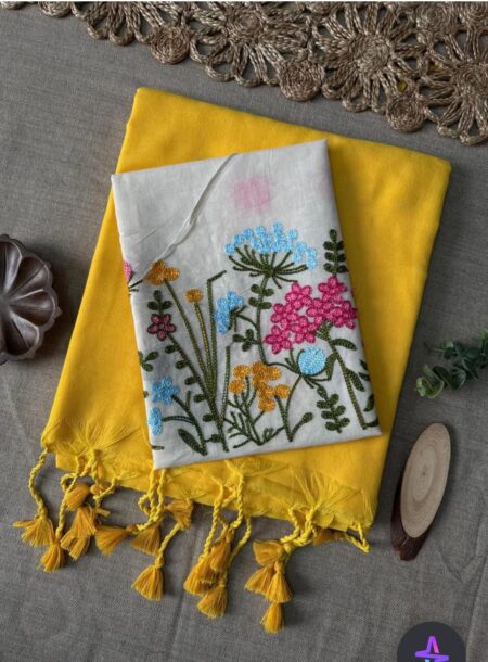 Yellow Plain Cotton Saree with Embroidered Blouse